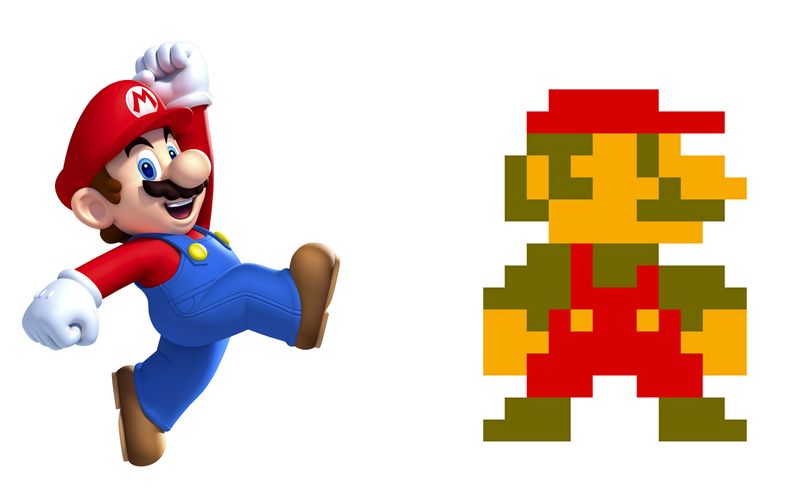 Besondere Kennzeichen: klein und korpulent, Schnauzbart, rote Mütze, Latzhose. Mit diesen Merkmalen war Mario bereits in der 8-Bit-Ära (rechts) ausgestattet. Auch aus technischen Gründen: Die Latzhose und das farbige Oberteil trugen dazu bei, Marios Bewegungsabläufe deutlicher darzustellen. Die Knubbelnase und der Schnauzer erleichterten es, Marios Gesicht zu erkennen.