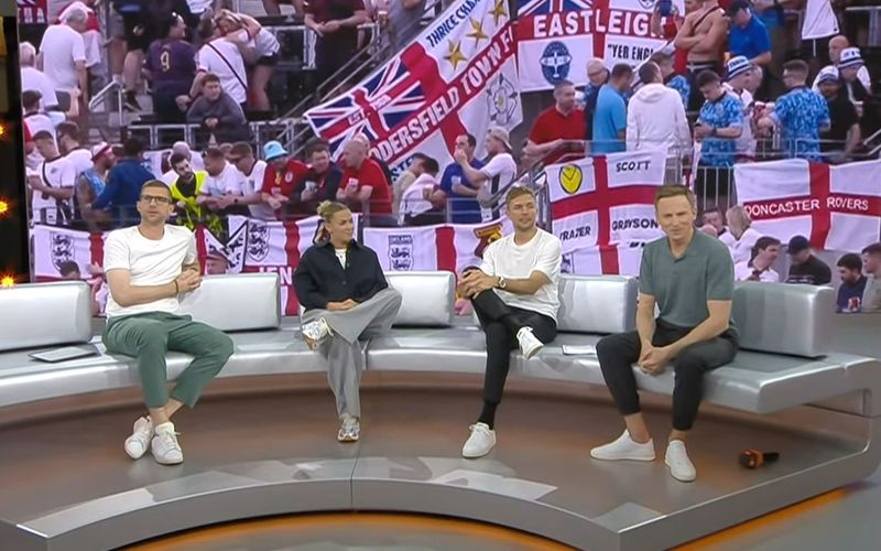 Sie sprachen im ZDF über das Spiel England gegen Dänemark, von links: Per Mertesacker, Laura Freigang, Christoph Kramer und Jochen Breyer.