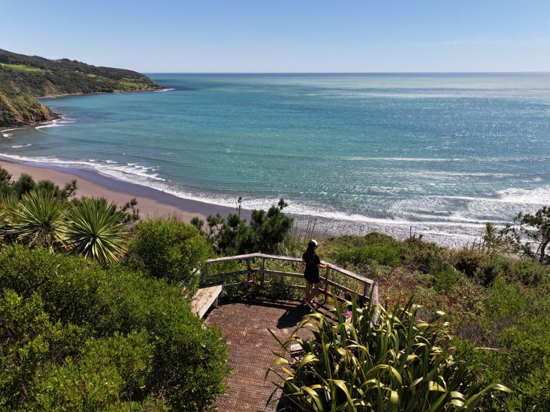 Künstlerin Denise Fort liebt die Aussicht an ihrem Lieblingsplatz in ihrer neuen Heimat Raglan.