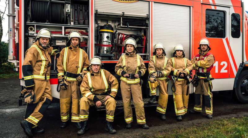 Das Team der Feuerwehr von Hasselhude, von links: Bernd (Christian Rudolf), Mathieu (Sebastian Paape), Uwe (Jochen Garbers), Anja (Nadja Becker), Meike (Katja Danowski), Jasmin (Aina Hidić) und Rainer (Merlin Sandmeyer).