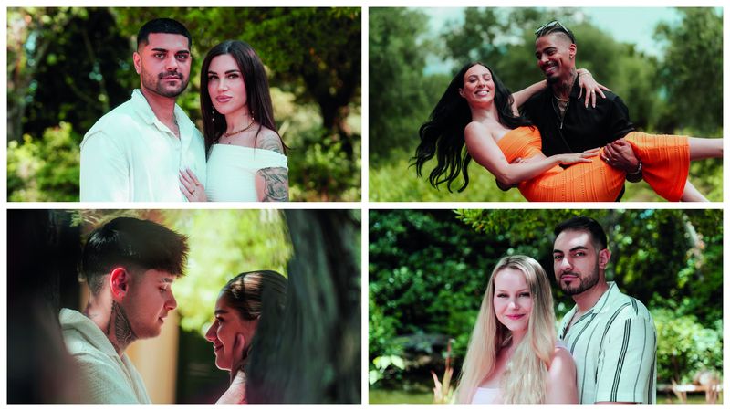 Die "Temptation Island VIP"-Paare aus Staffel 5 (von links oben im Uhrzeigersinn): Adrian und Rebecca, Germain und Jessica, Sarah-Jane und Tinush sowie Akka und Lisa-Marie.