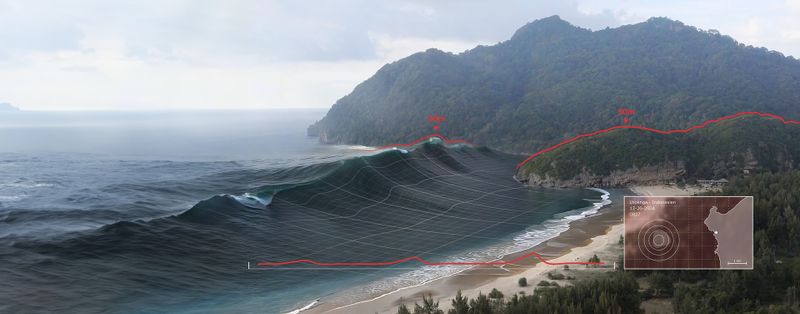 Am Strand von Lhoknga, Sumatra türmte sich eine Monsterwelle von über 30 Metern auf. Sie erreichte sogar Stellen, die unfassbare 50 Meter über normaler Meereshöhe lagen.


