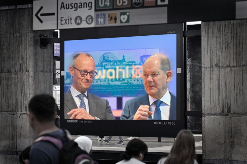 Fernsehduell zwischen Merz und Scholz vor der vorgezogenen Bundestagwahl am 23.02.2025.